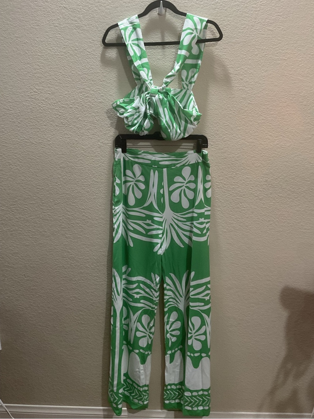 Green and White Floral Two Piece Set - Women's Flowing Resort Style